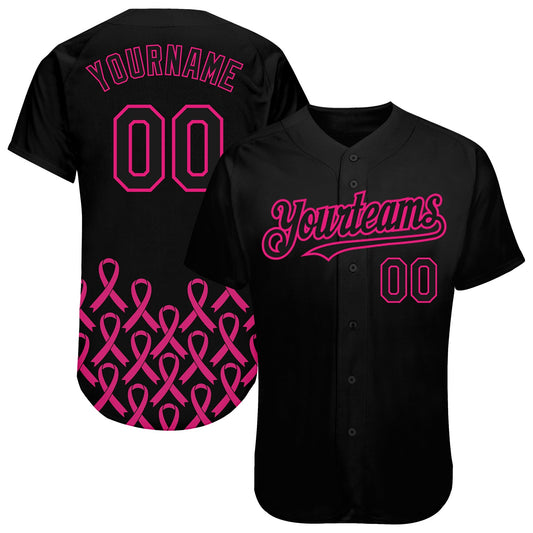 Custom Black Hot Pink 3D Pink Ribbon Breast Cancer Awareness Month Women Health Care Support Authentic Baseball Jersey - Sky-Custom