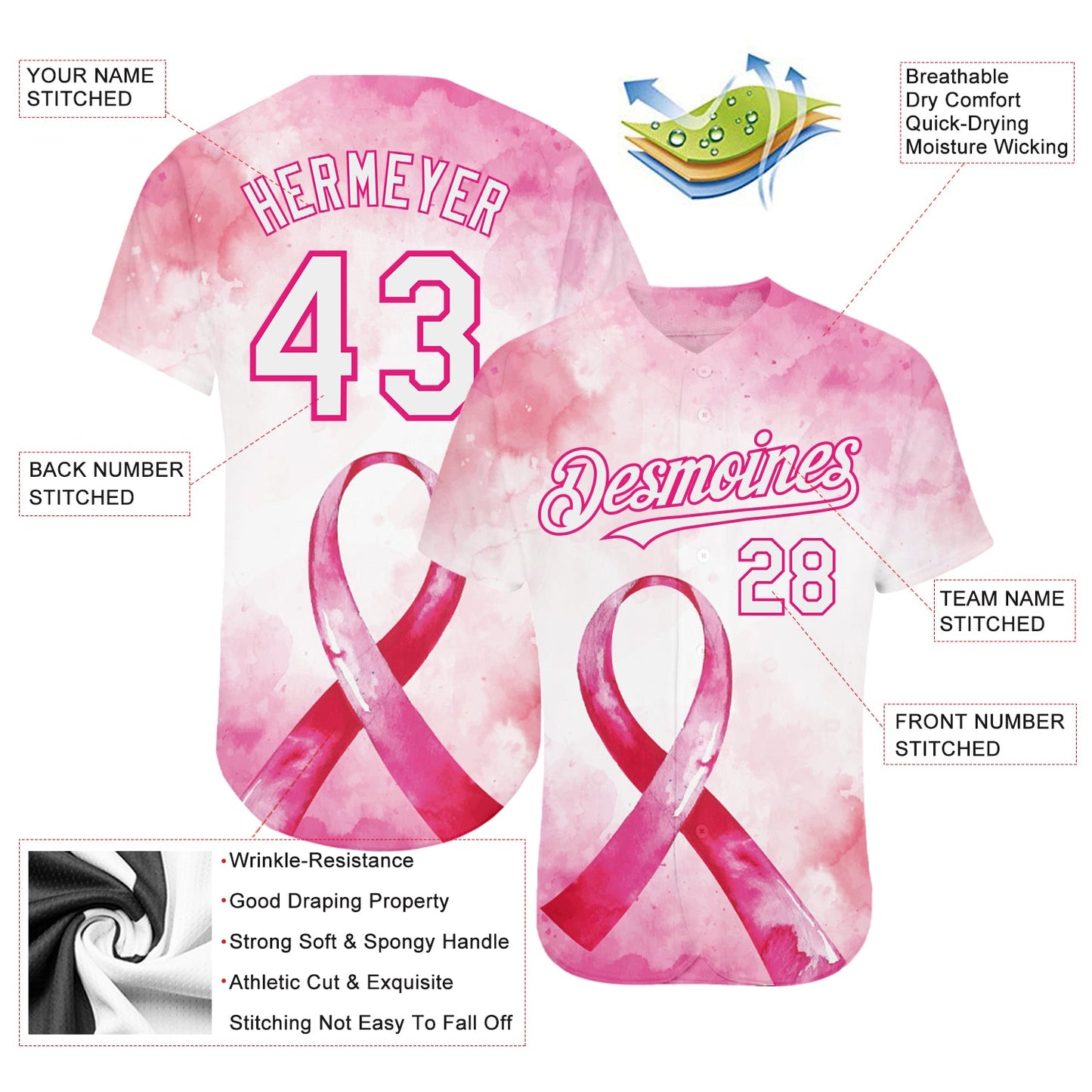 Custom Pink White-Hot Pink 3D Pink Ribbon Breast Cancer Awareness Month Women Health Care Support Authentic Baseball Jersey - Sky-Custom