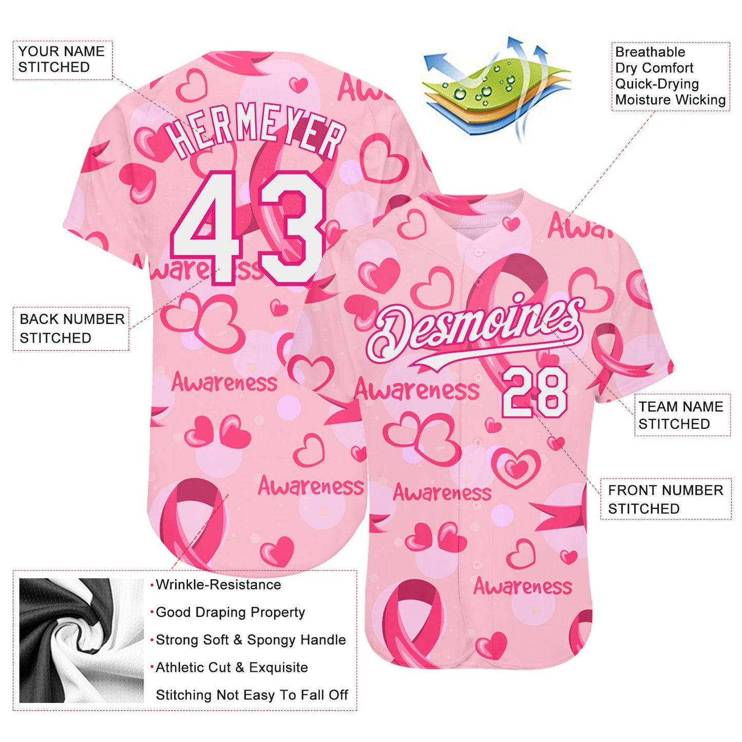 Custom Pink White-Hot Pink 3D Pink Ribbon Breast Cancer Awareness Month Women Health Care Support Authentic Baseball Jersey - Sky-Custom