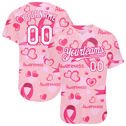 Custom Pink White-Hot Pink 3D Pink Ribbon Breast Cancer Awareness Month Women Health Care Support Authentic Baseball Jersey - Sky-Custom
