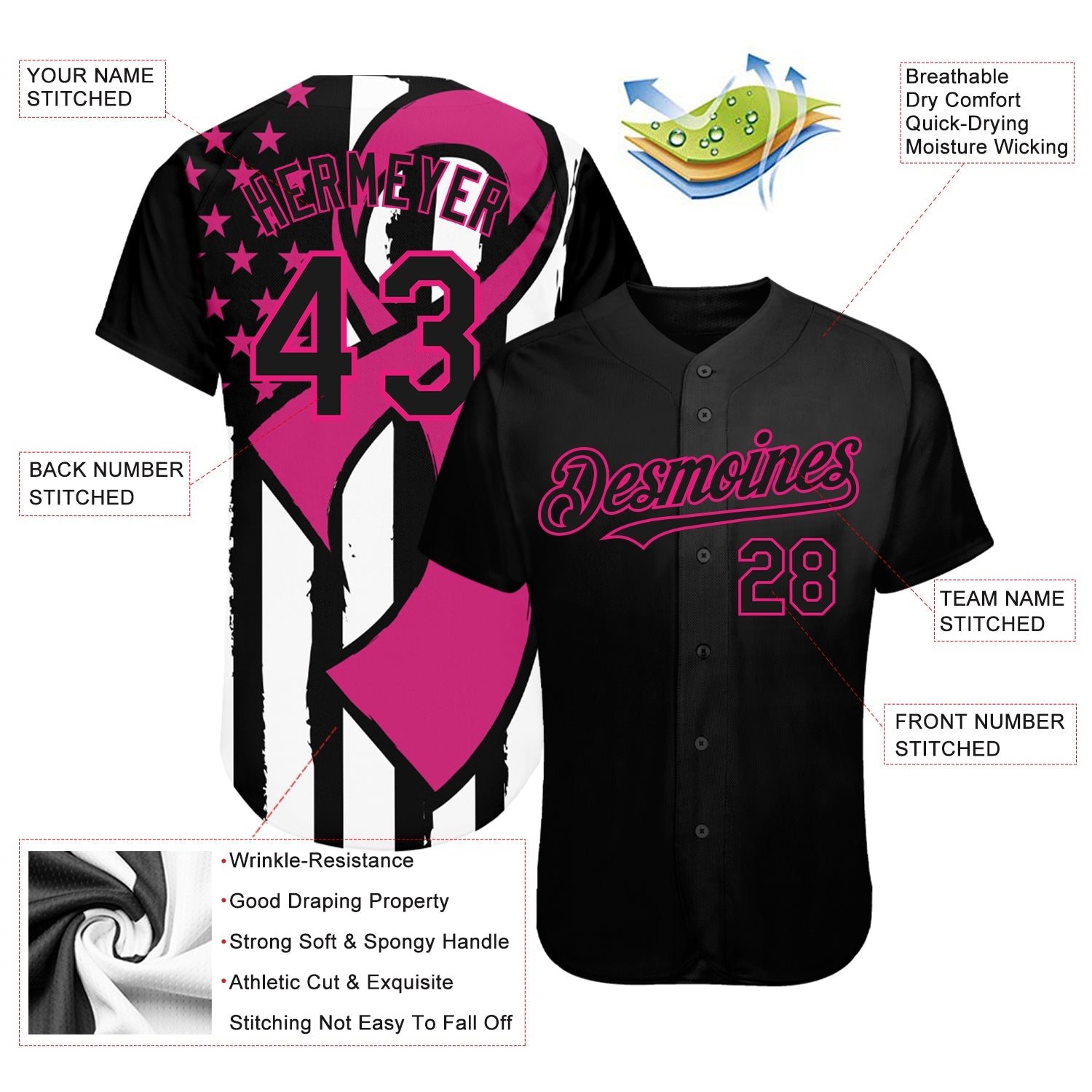 Custom Black Hot Pink-White 3D Pink Ribbon Breast Cancer Awareness Month Women Health Care Support Authentic Baseball Jersey - Sky-Custom