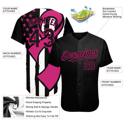 Custom Black Hot Pink-White 3D Pink Ribbon Breast Cancer Awareness Month Women Health Care Support Authentic Baseball Jersey - Sky-Custom