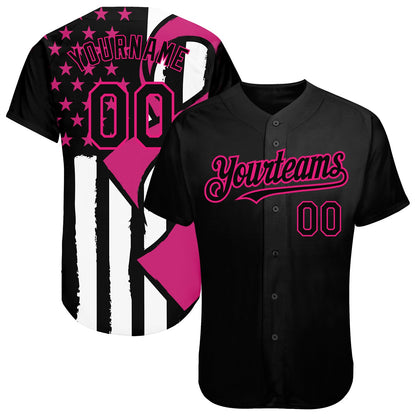 Custom Black Hot Pink-White 3D Pink Ribbon Breast Cancer Awareness Month Women Health Care Support Authentic Baseball Jersey - Sky-Custom