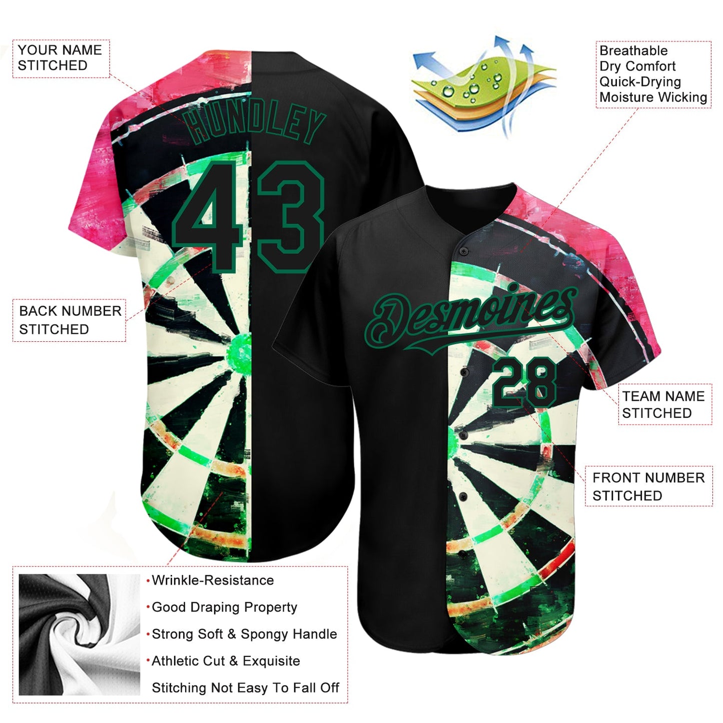 Custom Black Kelly Green-Red 3D Pattern Design Dart Board Authentic Baseball Jersey - Sky-Custom