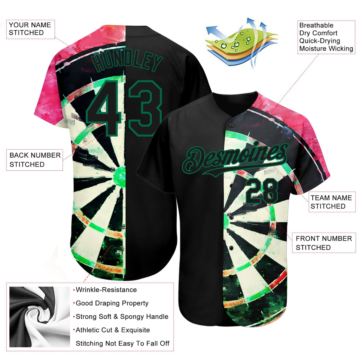 Custom Black Kelly Green-Red 3D Pattern Design Dart Board Authentic Baseball Jersey - Sky-Custom