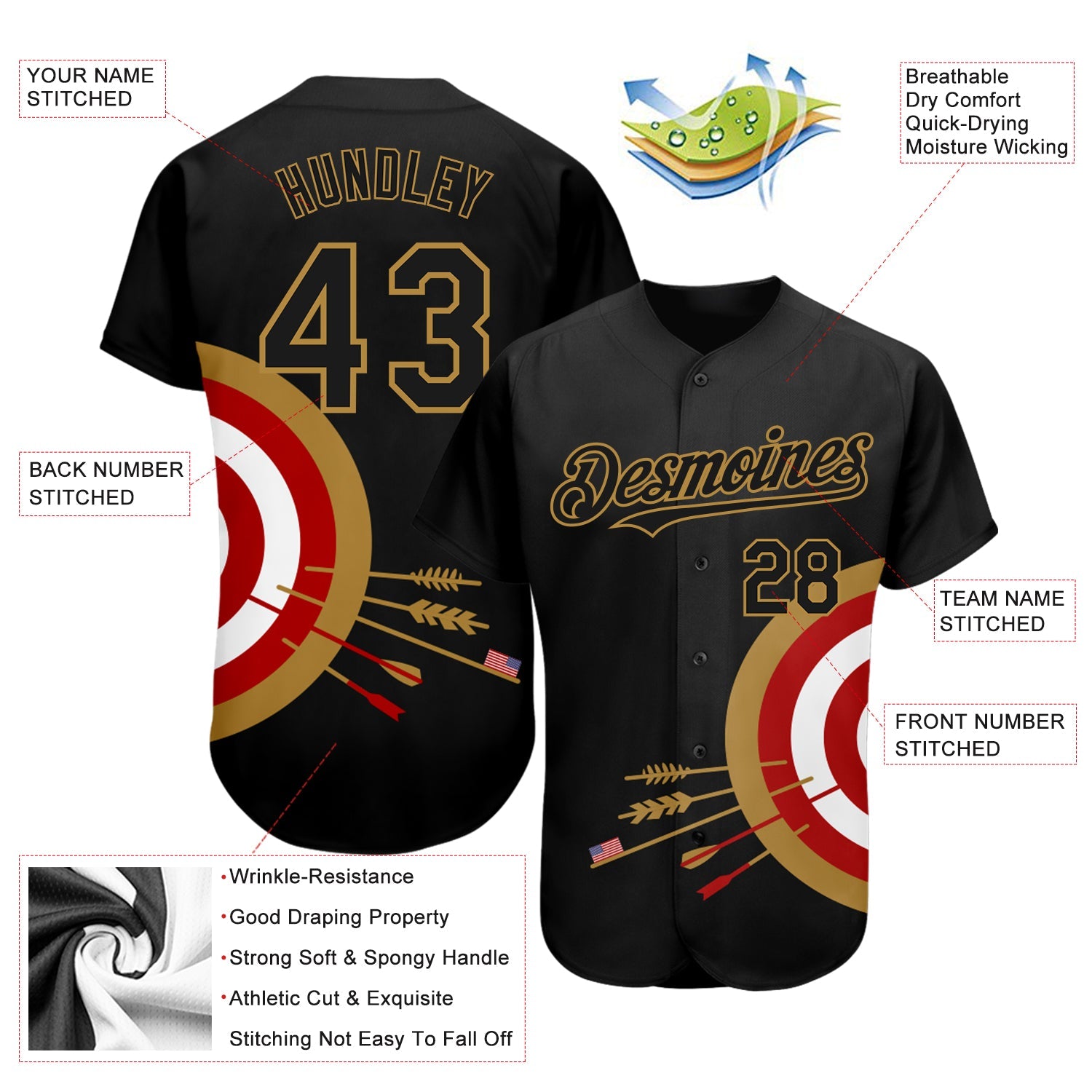 Custom Black Old Gold-Red 3D Pattern Design Dart Board Target Authentic Baseball Jersey - Sky-Custom