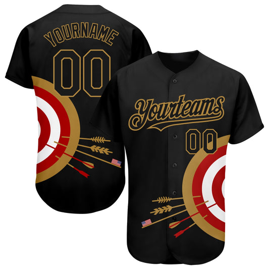 Custom Black Old Gold-Red 3D Pattern Design Dart Board Target Authentic Baseball Jersey - Sky-Custom