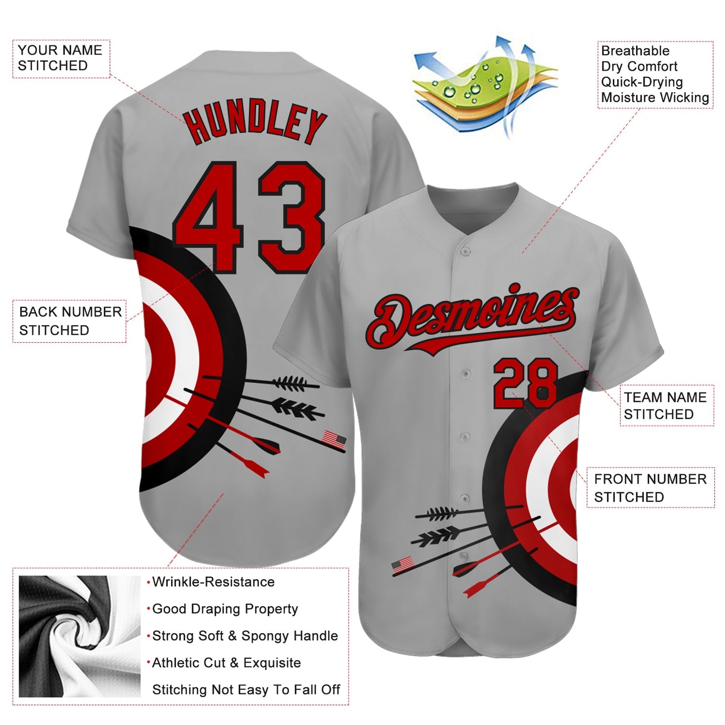 Custom Gray Red-Black 3D Pattern Design Dart Board Target Authentic Baseball Jersey - Sky-Custom