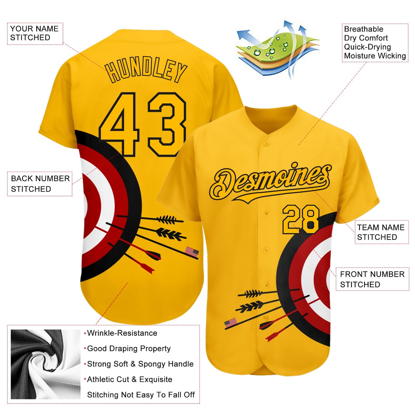 Custom Gold Black-Red 3D Pattern Design Dart Board Target Authentic Baseball Jersey - Sky-Custom