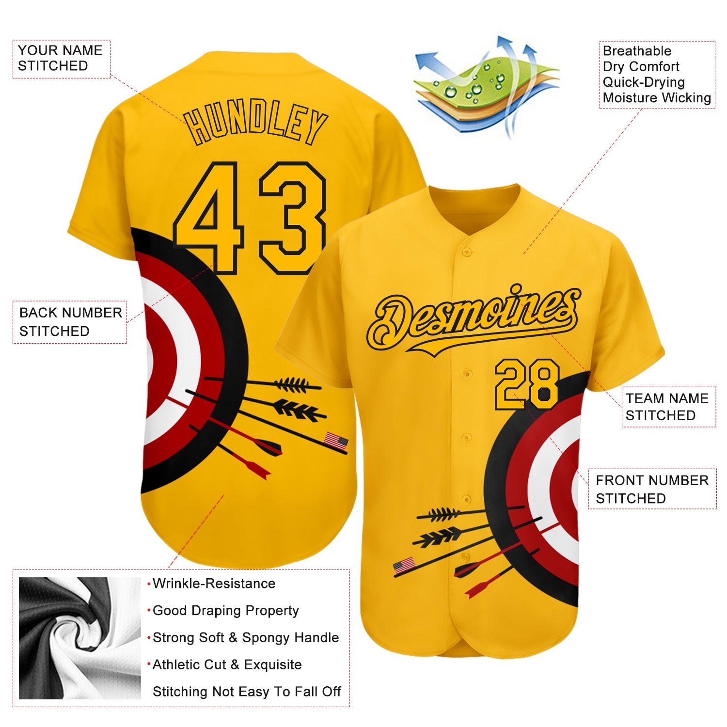 Custom Gold Black-Red 3D Pattern Design Dart Board Target Authentic Baseball Jersey - Sky-Custom
