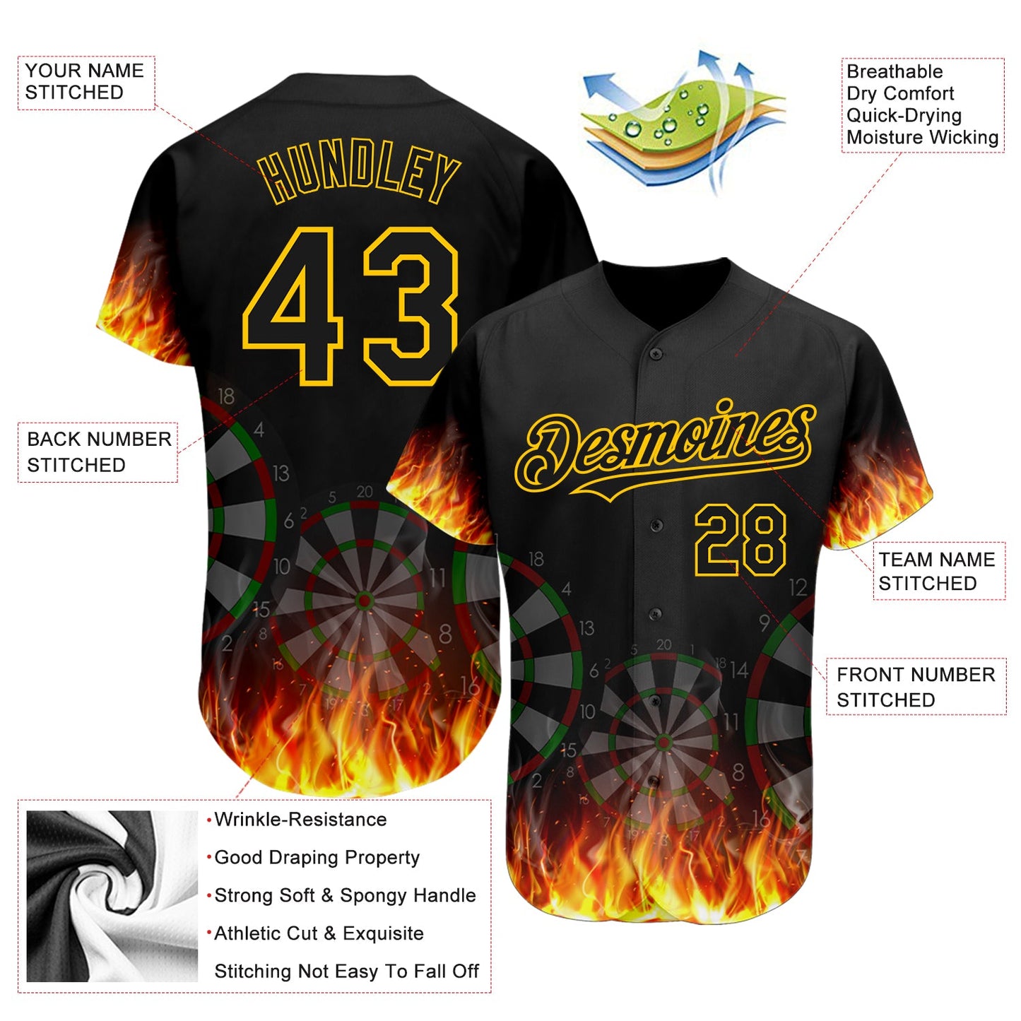 Custom Black Gold 3D Pattern Design Flame Dart Board Authentic Baseball Jersey - Sky-Custom