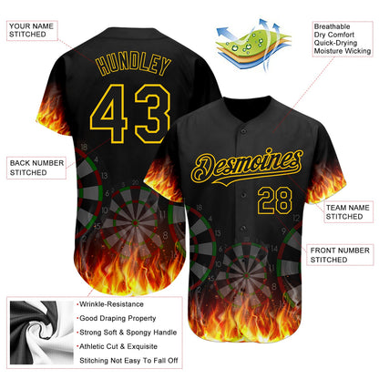 Custom Black Gold 3D Pattern Design Flame Dart Board Authentic Baseball Jersey - Sky-Custom