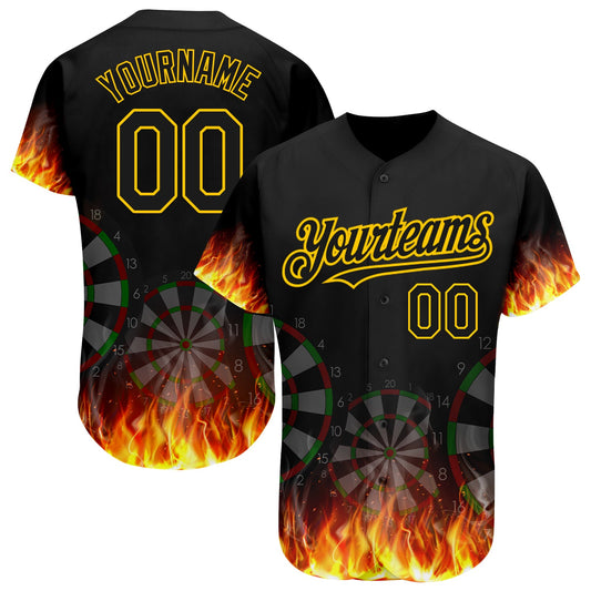 Custom Black Gold 3D Pattern Design Flame Dart Board Authentic Baseball Jersey - Sky-Custom