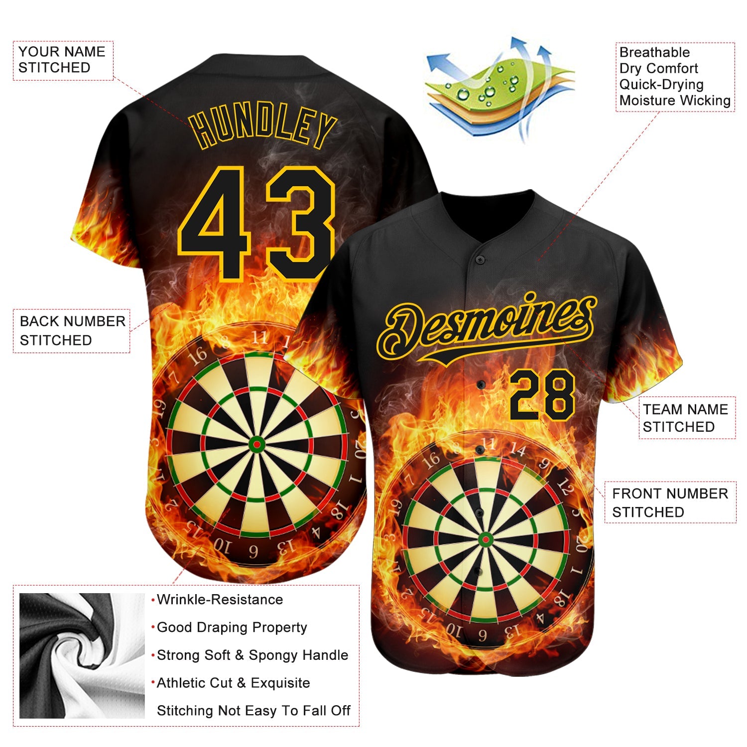 Custom Black Gold 3D Pattern Design Flame Dart Board Authentic Baseball Jersey - Sky-Custom