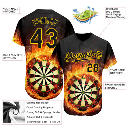Custom Black Gold 3D Pattern Design Flame Dart Board Authentic Baseball Jersey - Sky-Custom