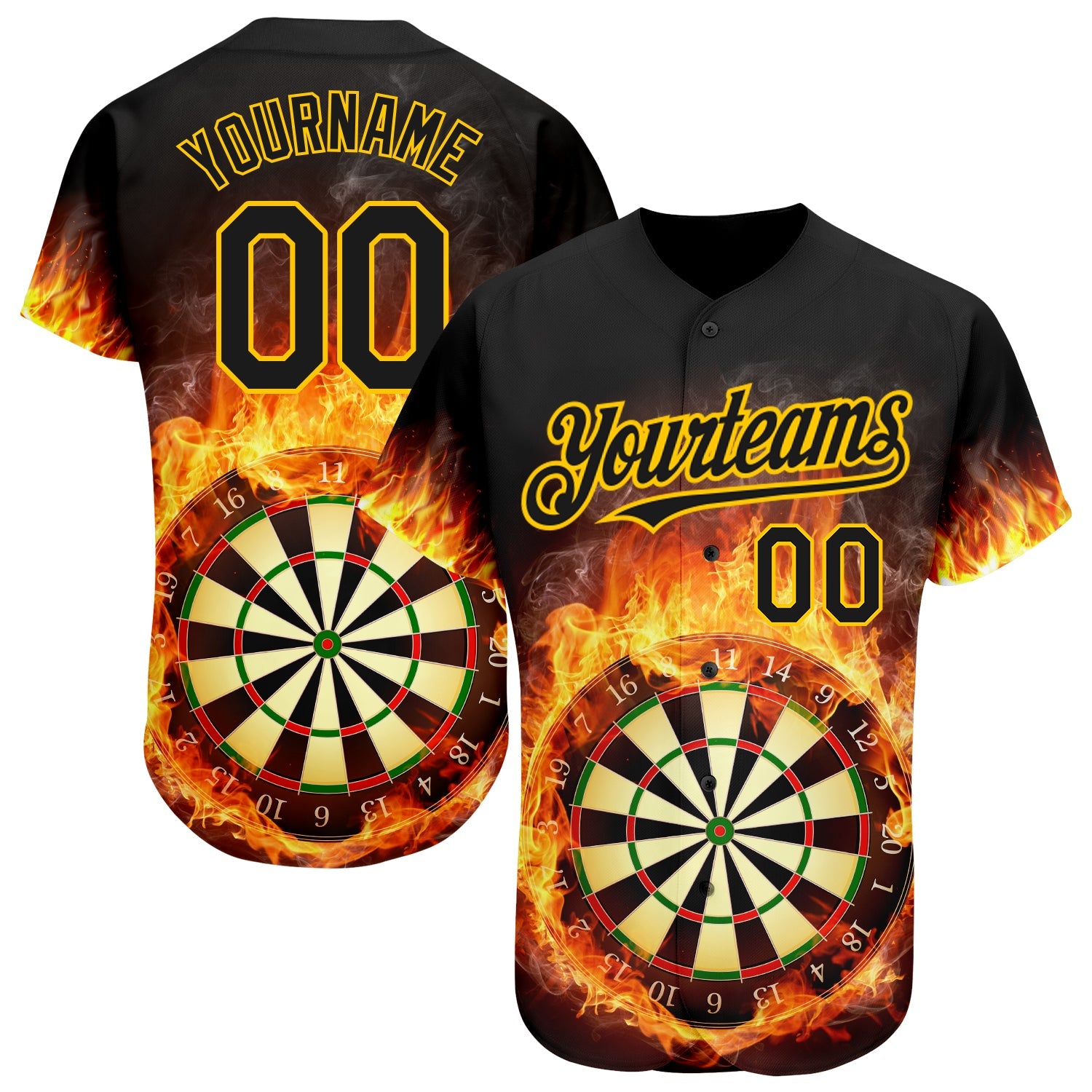Custom Black Gold 3D Pattern Design Flame Dart Board Authentic Baseball Jersey - Sky-Custom