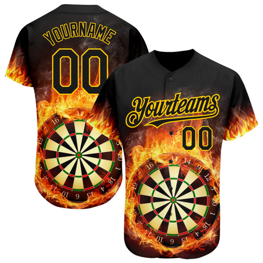Custom Black Gold 3D Pattern Design Flame Dart Board Authentic Baseball Jersey - Sky-Custom