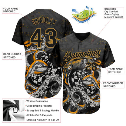 Custom Black Old Gold 3D Pattern Design Octopus Wrapped Around Dart Board Authentic Baseball Jersey - Sky-Custom
