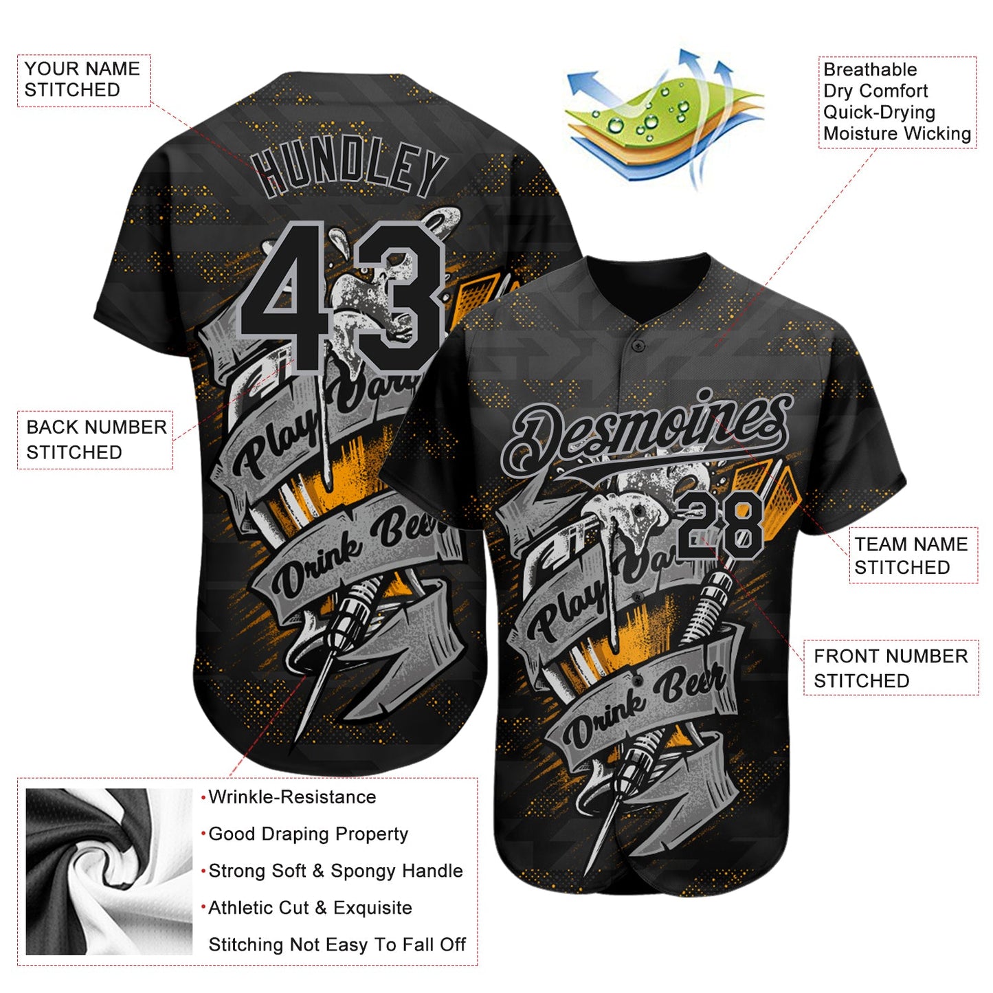Custom Black Gray 3D Pattern Design Play Dart Drink Beer Authentic Baseball Jersey - Sky-Custom