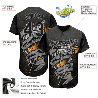 Custom Black Gray 3D Pattern Design Play Dart Drink Beer Authentic Baseball Jersey - Sky-Custom