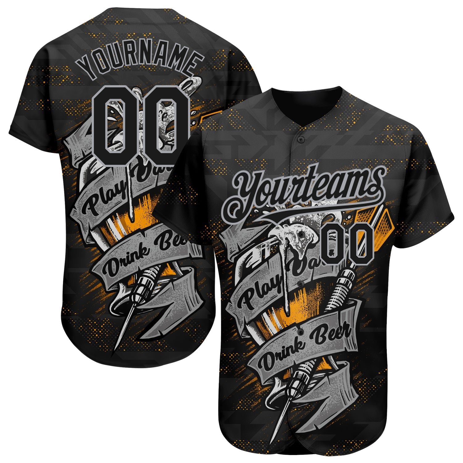 Custom Black Gray 3D Pattern Design Play Dart Drink Beer Authentic Baseball Jersey - Sky-Custom