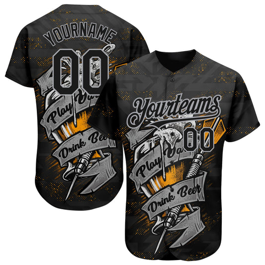 Custom Black Gray 3D Pattern Design Play Dart Drink Beer Authentic Baseball Jersey - Sky-Custom