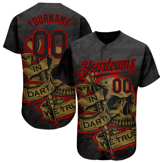 Custom Black Red-Old Gold 3D Pattern Design In Dart We Trust Authentic Baseball Jersey - Sky-Custom