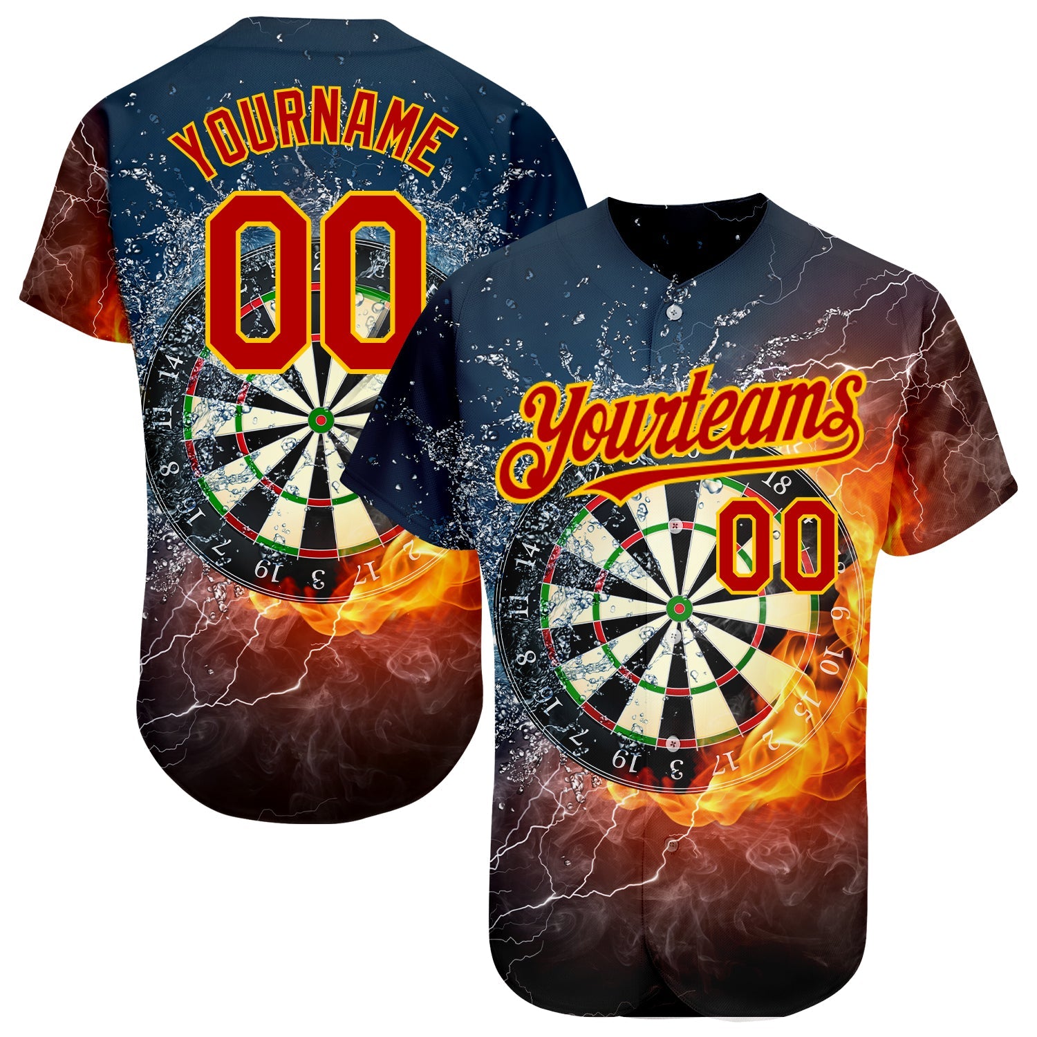Custom Black Red-Gold 3D Pattern Design Flame Dart Board Authentic Baseball Jersey - Sky-Custom