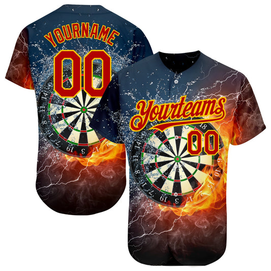 Custom Black Red-Gold 3D Pattern Design Flame Dart Board Authentic Baseball Jersey - Sky-Custom