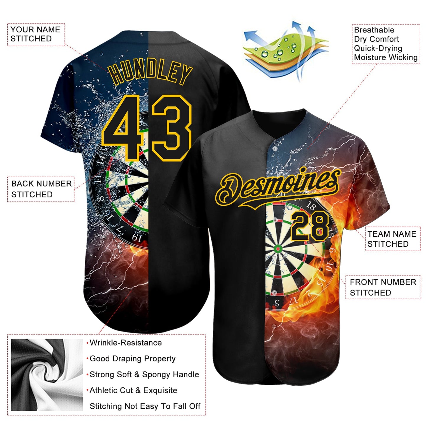 Custom Black Gold 3D Pattern Design Flame Dart Board Authentic Baseball Jersey - Sky-Custom
