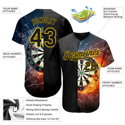 Custom Black Gold 3D Pattern Design Flame Dart Board Authentic Baseball Jersey - Sky-Custom