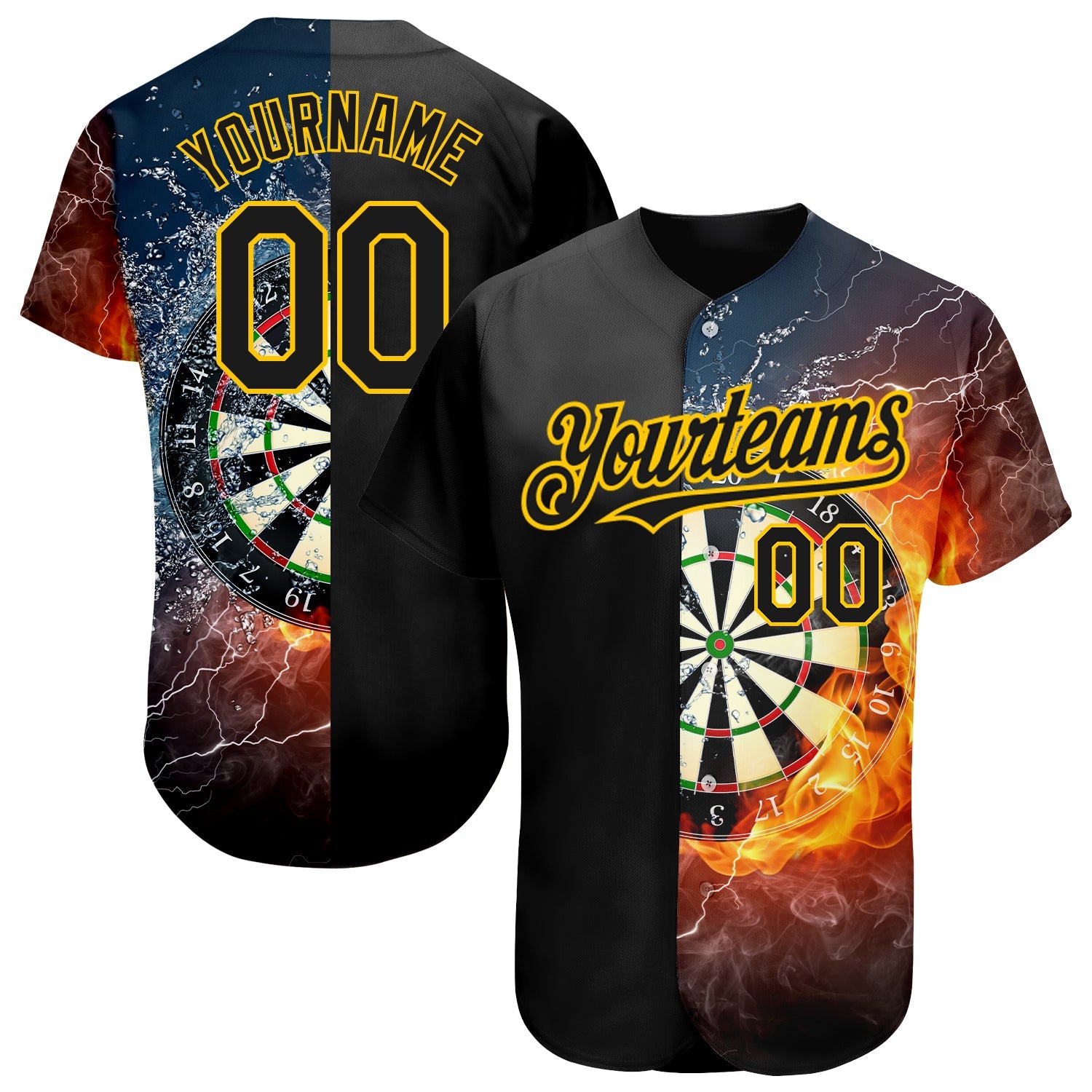 Custom Black Gold 3D Pattern Design Flame Dart Board Authentic Baseball Jersey - Sky-Custom