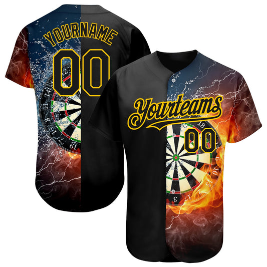 Custom Black Gold 3D Pattern Design Flame Dart Board Authentic Baseball Jersey - Sky-Custom
