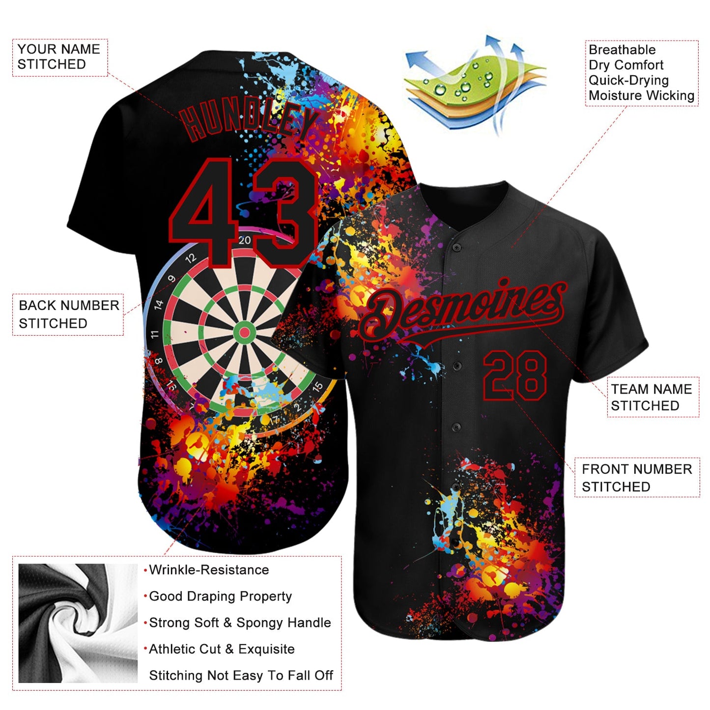 Custom Black Red 3D Pattern Design Dart Board Authentic Baseball Jersey - Sky-Custom