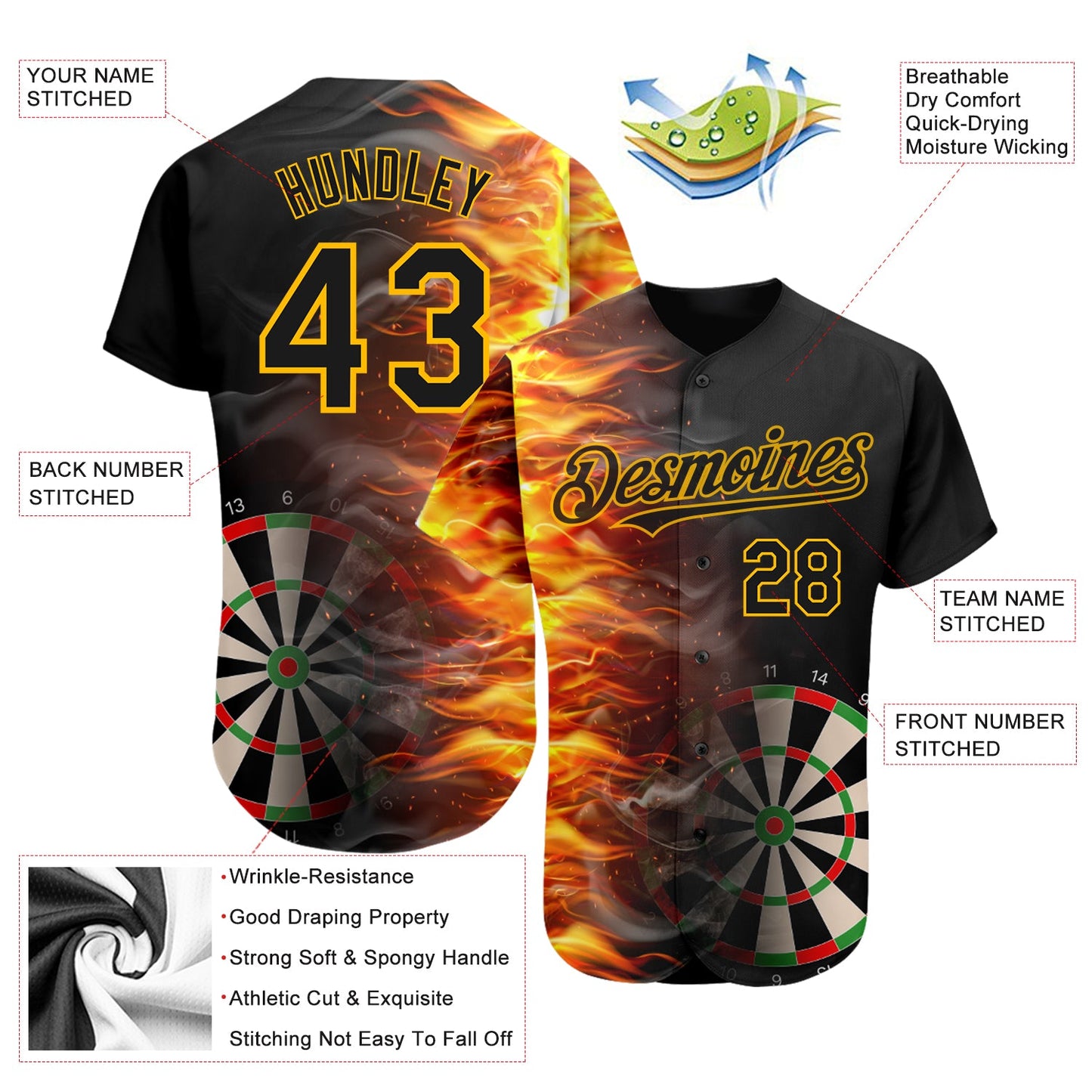 Custom Black Gold 3D Pattern Design Fiery Dart Board Authentic Baseball Jersey - Sky-Custom