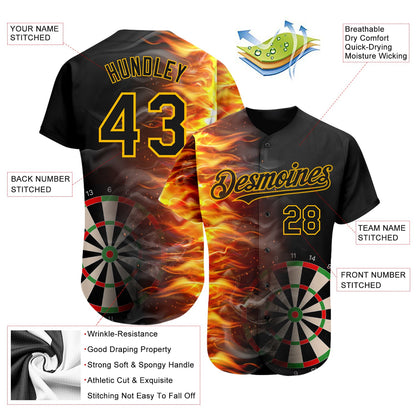 Custom Black Gold 3D Pattern Design Fiery Dart Board Authentic Baseball Jersey - Sky-Custom