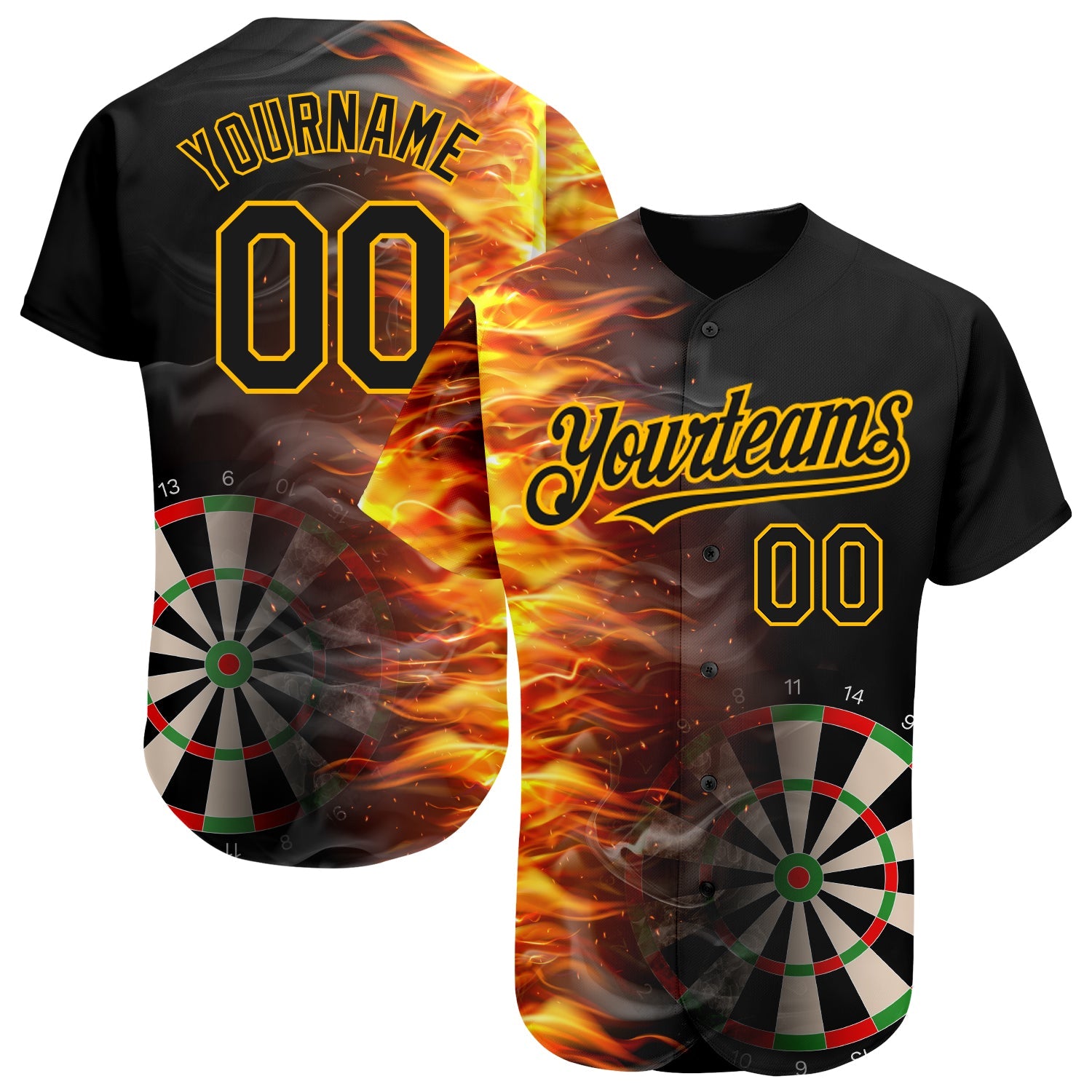 Custom Black Gold 3D Pattern Design Fiery Dart Board Authentic Baseball Jersey - Sky-Custom