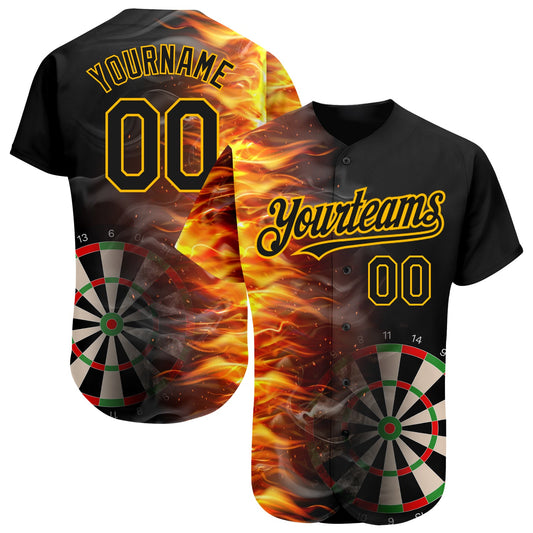 Custom Black Gold 3D Pattern Design Fiery Dart Board Authentic Baseball Jersey - Sky-Custom