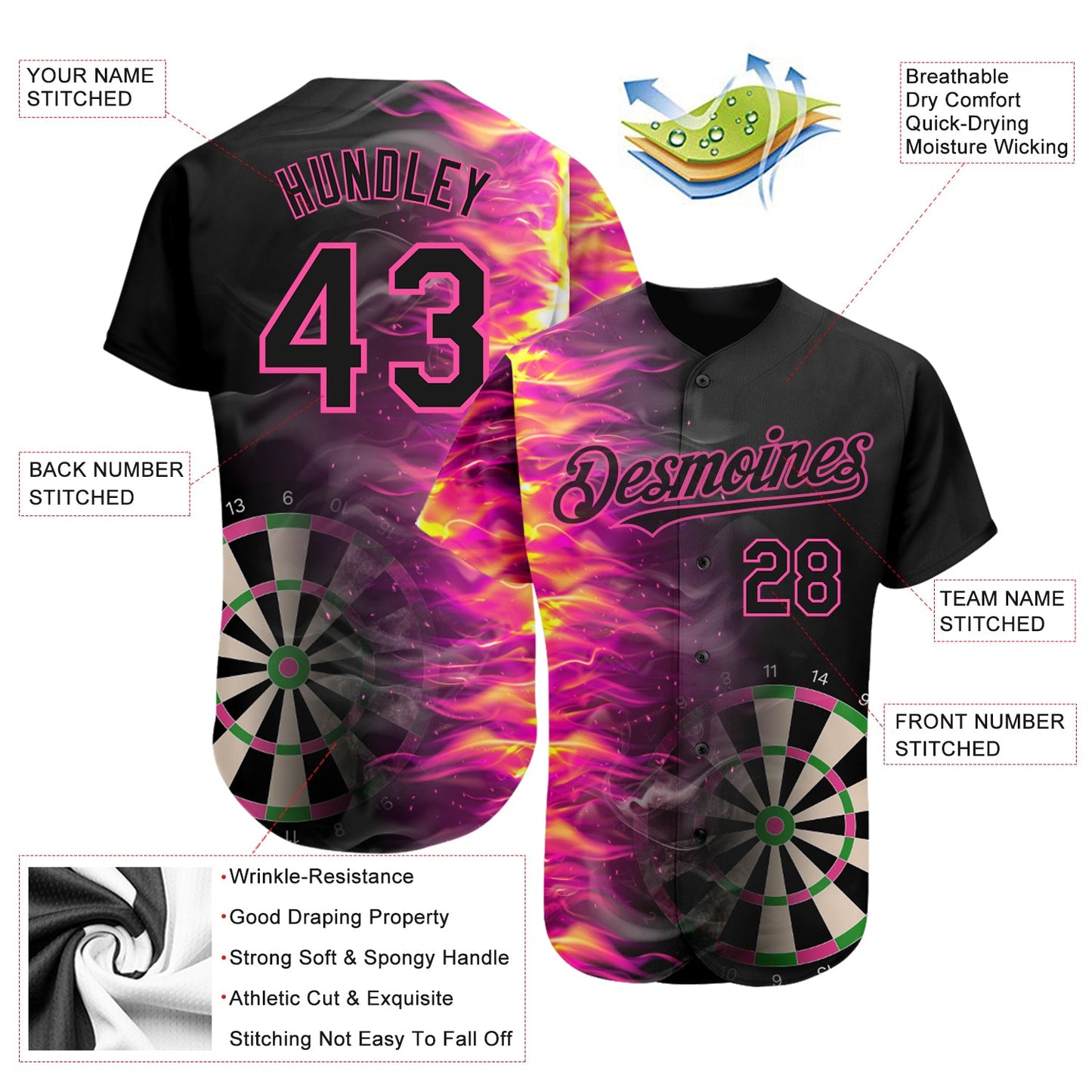 Custom Black Pink 3D Pattern Design Fiery Dart Board Authentic Baseball Jersey - Sky-Custom