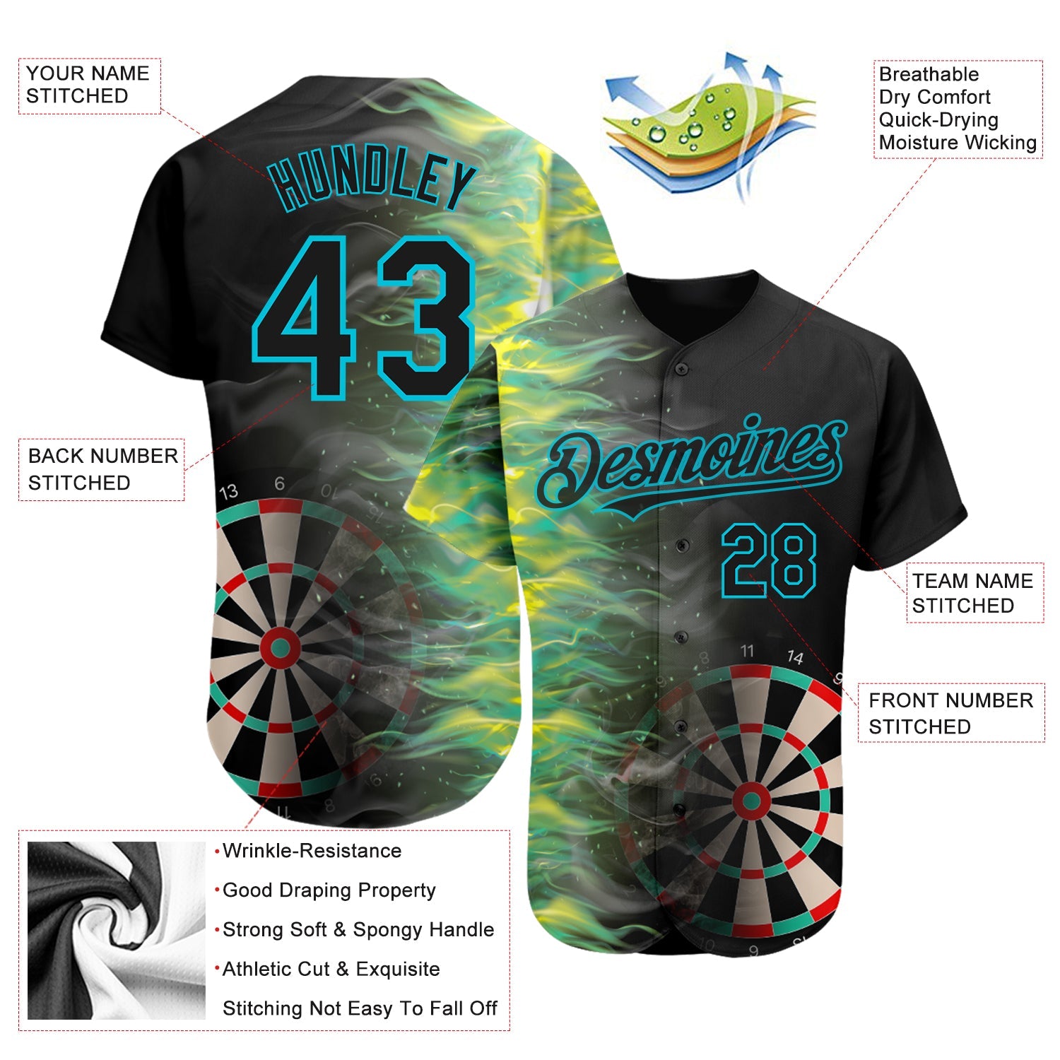Custom Black Lakes Blue 3D Pattern Design Fiery Dart Board Authentic Baseball Jersey - Sky-Custom
