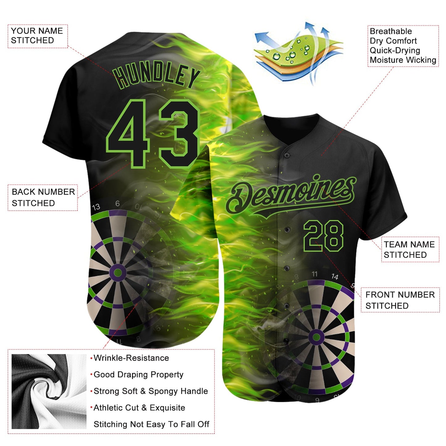 Custom Black Neon Green 3D Pattern Design Fiery Dart Board Authentic Baseball Jersey - Sky-Custom