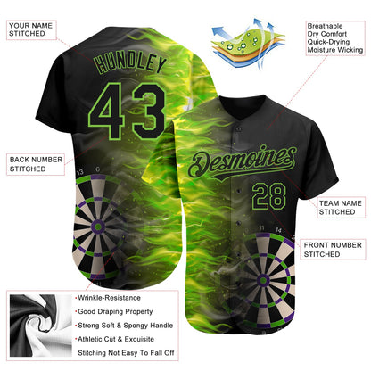 Custom Black Neon Green 3D Pattern Design Fiery Dart Board Authentic Baseball Jersey - Sky-Custom
