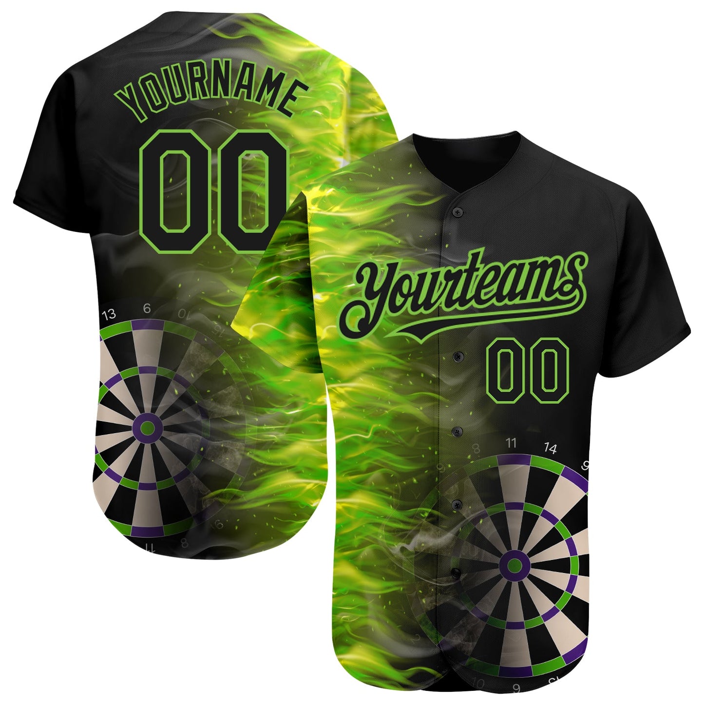 Custom Black Neon Green 3D Pattern Design Fiery Dart Board Authentic Baseball Jersey - Sky-Custom