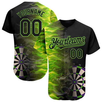Custom Black Neon Green 3D Pattern Design Fiery Dart Board Authentic Baseball Jersey - Sky-Custom