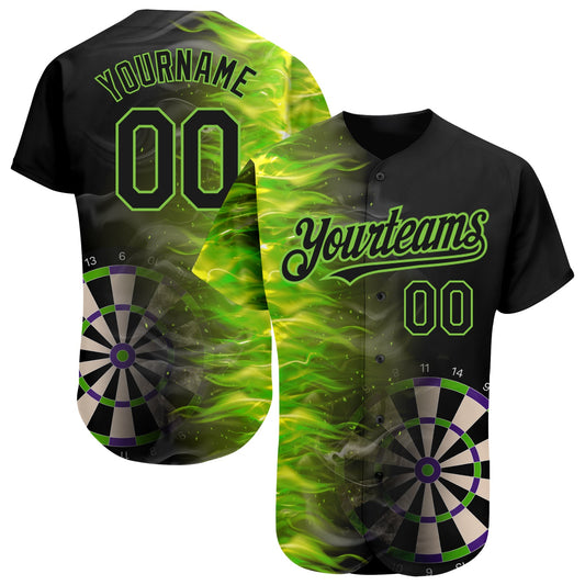 Custom Black Neon Green 3D Pattern Design Fiery Dart Board Authentic Baseball Jersey - Sky-Custom