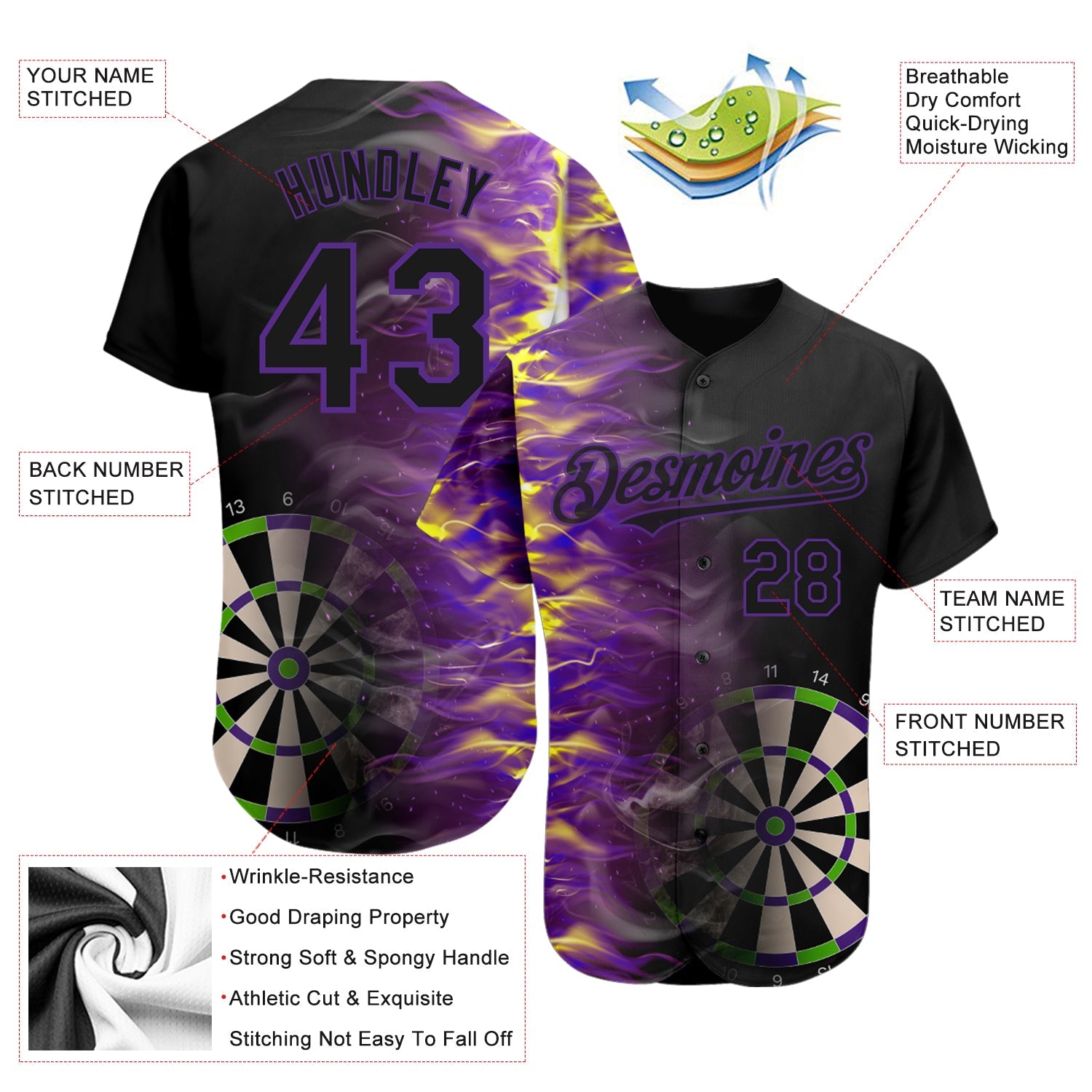 Custom Black Purple 3D Pattern Design Fiery Dart Board Authentic Baseball Jersey - Sky-Custom