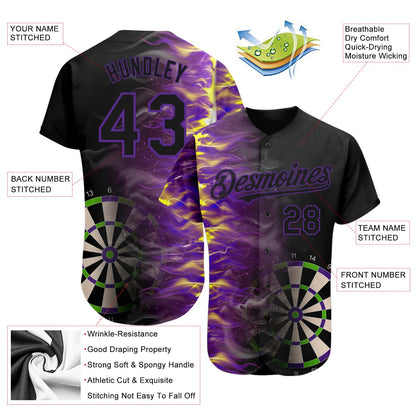 Custom Black Purple 3D Pattern Design Fiery Dart Board Authentic Baseball Jersey - Sky-Custom