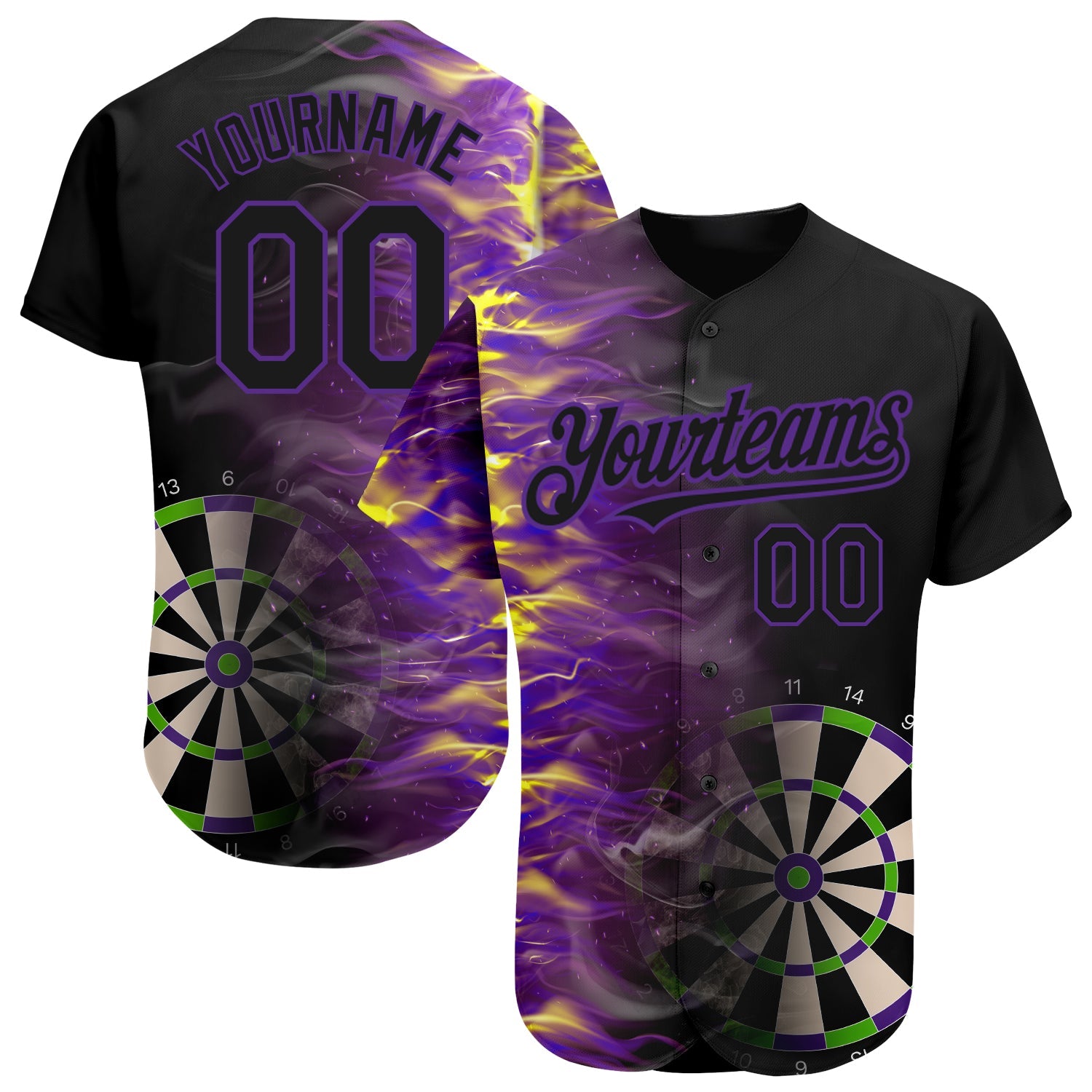 Custom Black Purple 3D Pattern Design Fiery Dart Board Authentic Baseball Jersey - Sky-Custom
