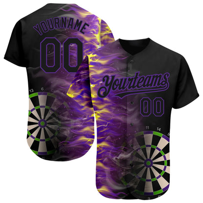 Custom Black Purple 3D Pattern Design Fiery Dart Board Authentic Baseball Jersey - Sky-Custom
