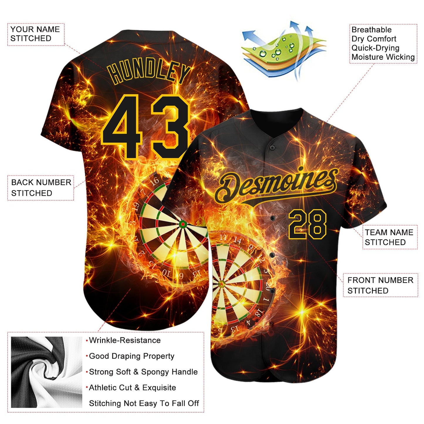 Custom Black Gold 3D Pattern Design Flame Dart Board Authentic Baseball Jersey - Sky-Custom